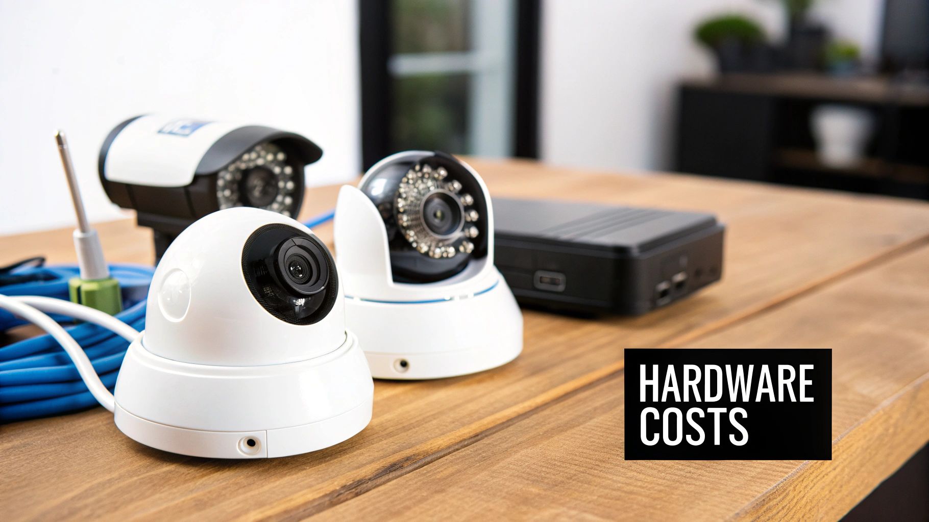 Various security cameras, DVR, and cables on a wooden table, emphasizing hardware costs for a CCTV system.