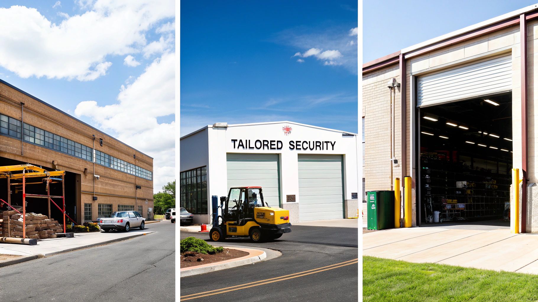 Exterior of three commercial buildings, one clearly marked 'TAILORED SECURITY' with a forklift outside.