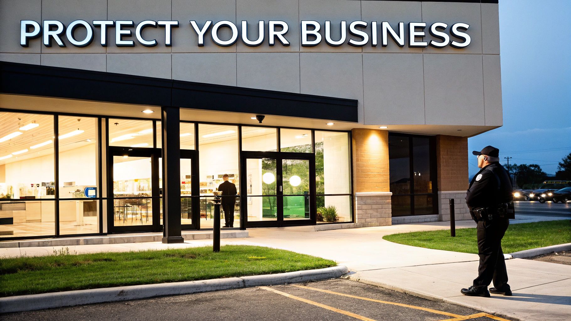 A security guard stands outside a modern business building with a 'PROTECT YOUR BUSINESS' sign.