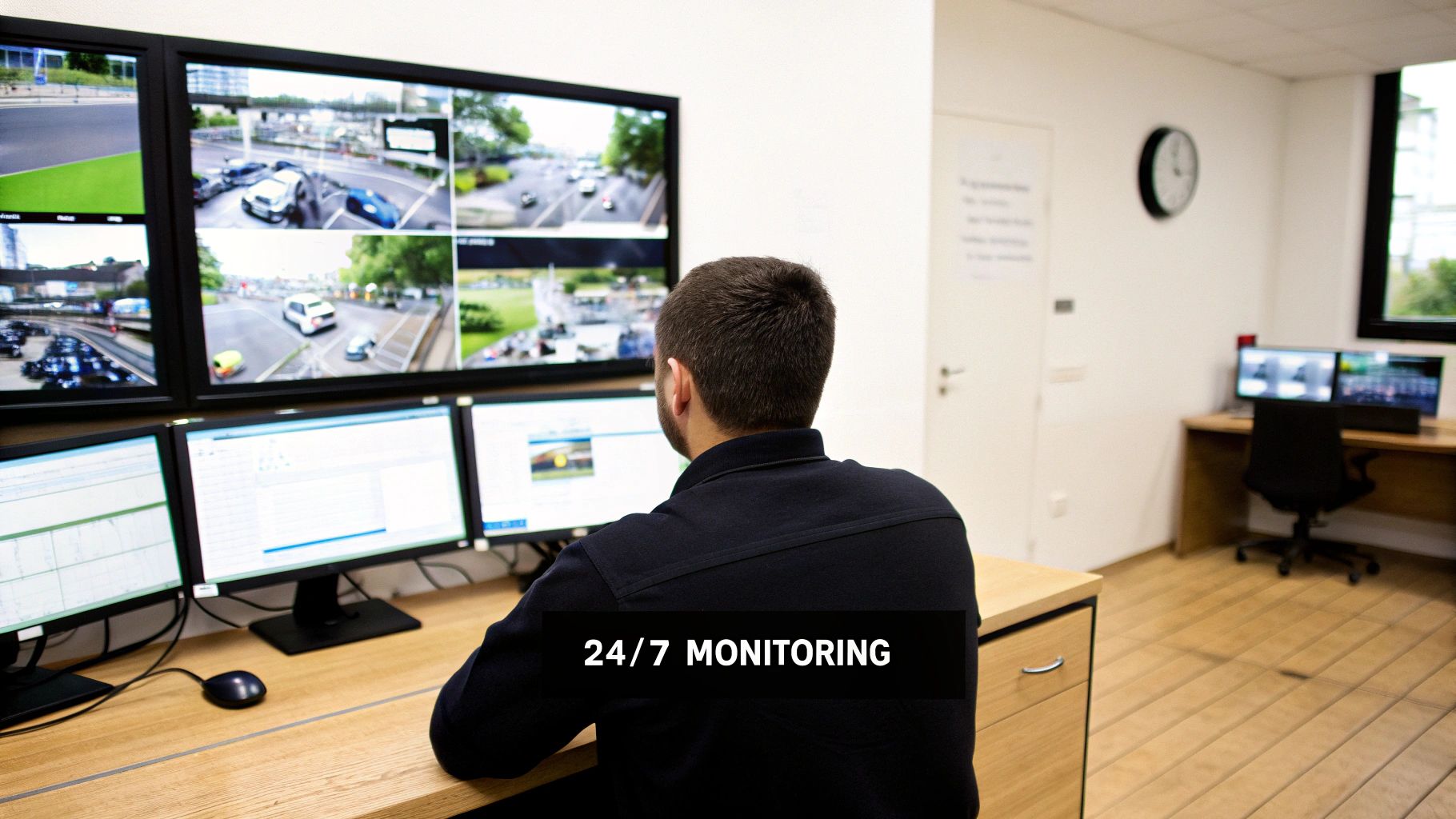 A man in a control room monitoring multiple screens displaying CCTV footage of roads.