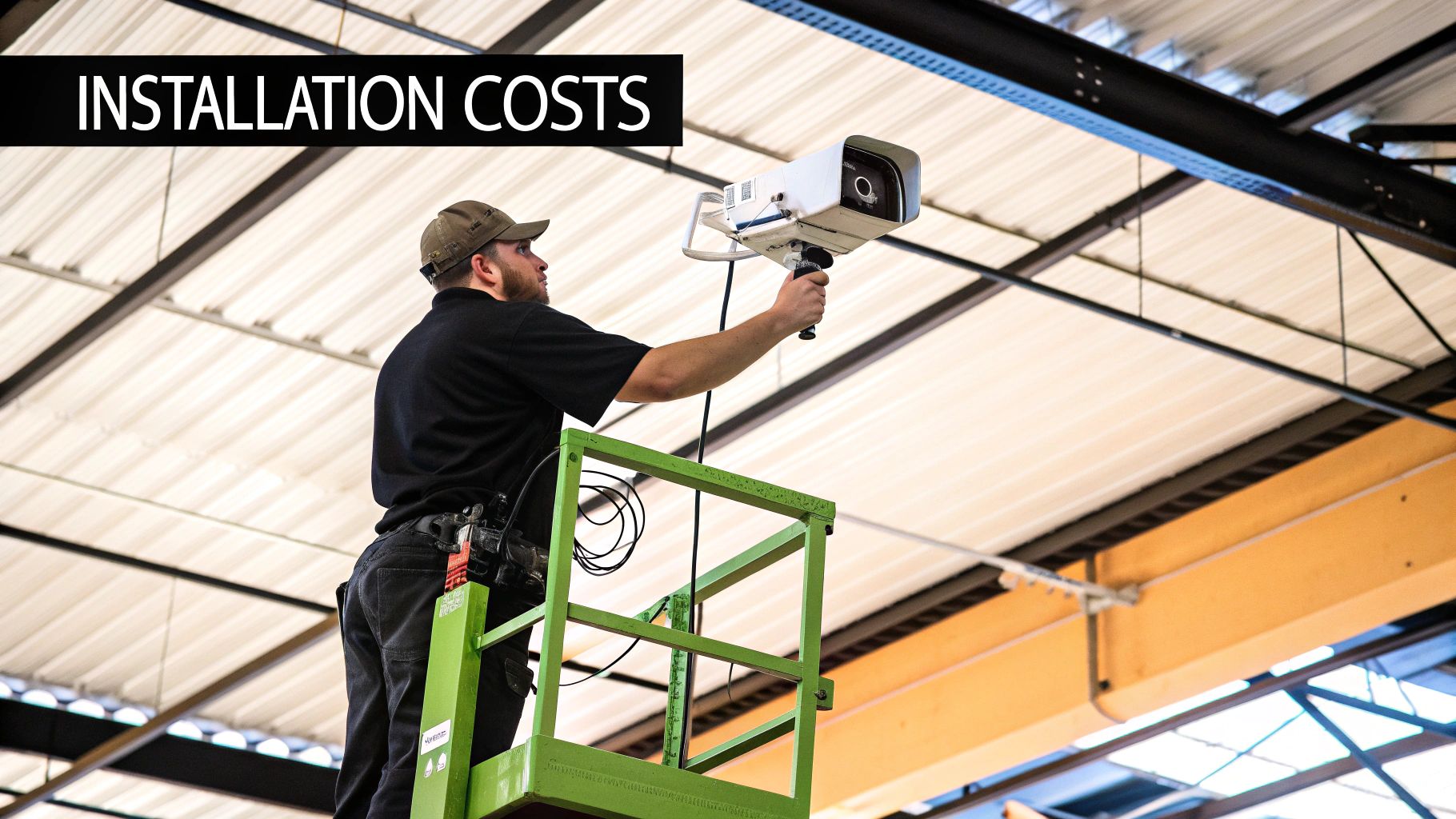 A technician on a scissor lift installing a white CCTV security camera on a high ceiling.