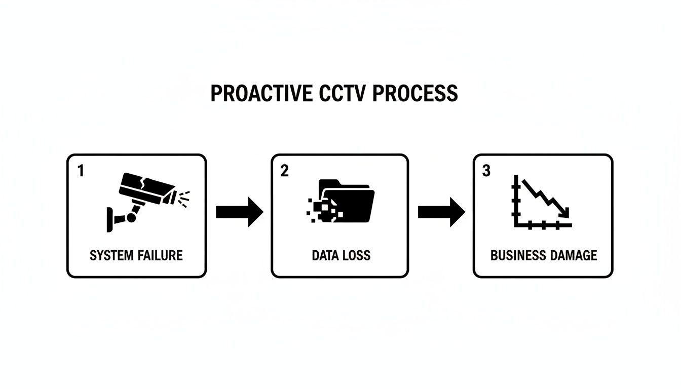 Diagram showing the consequences of CCTV issues: system failure, leading to data loss and business damage.