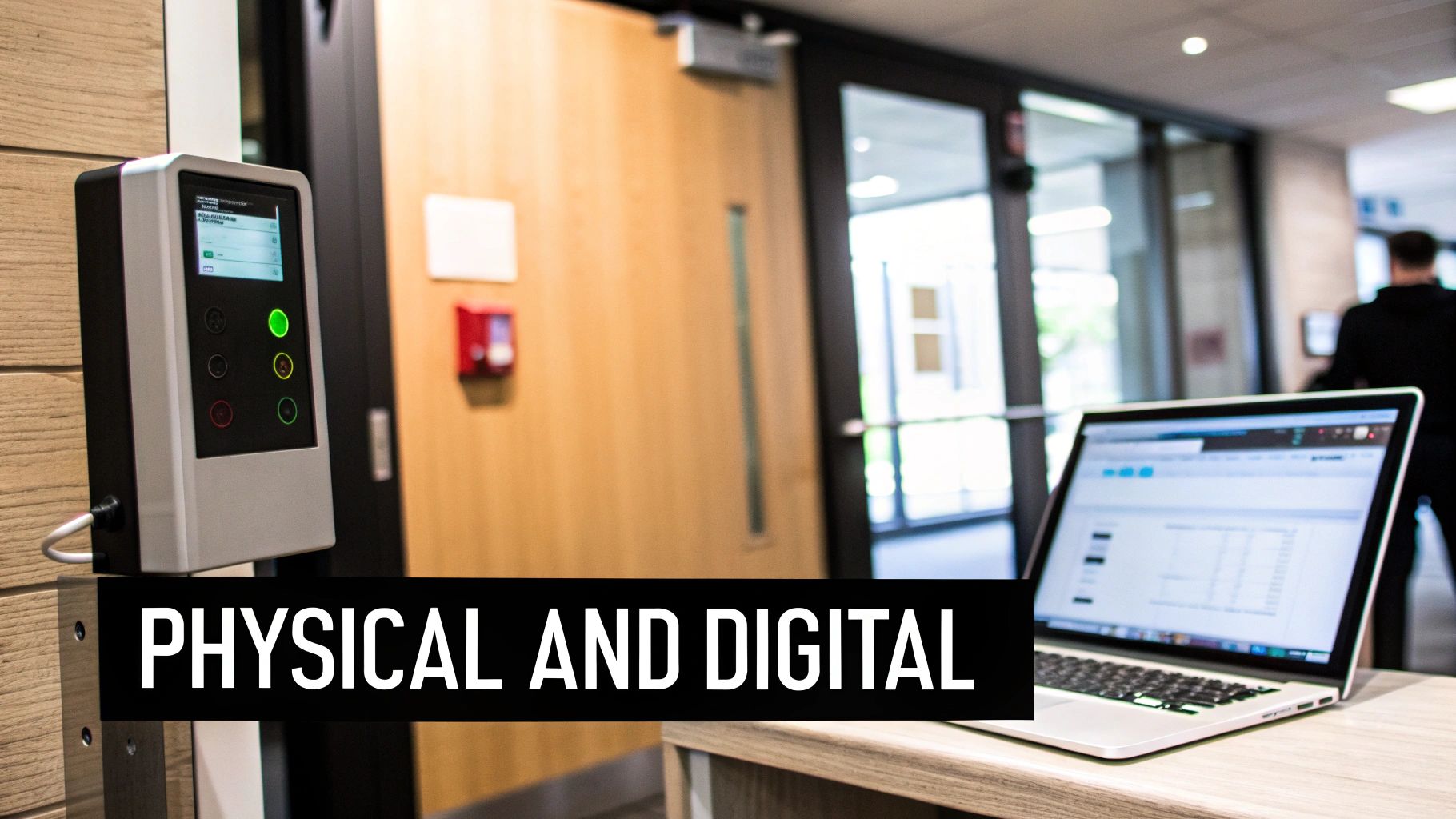 A physical access control device and a laptop displaying digital data, representing integrated security solutions.