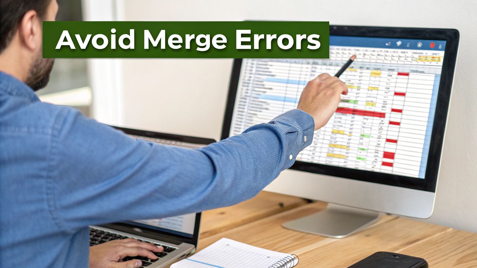 Man working at a desk with a laptop and monitor showing a spreadsheet, pointing to avoid merge errors.