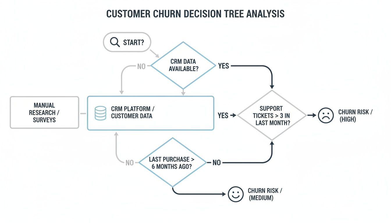 A flowchart illustrating a customer churn decision tree analysis, determining high or medium churn risk based on CRM data.