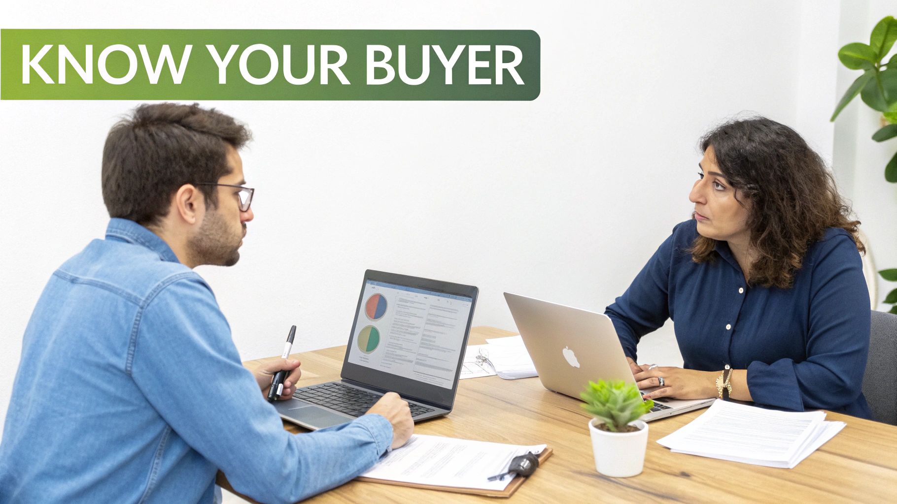 Two professionals analyze data on laptops at a desk, with the text 'KNOW YOUR BUYER'.