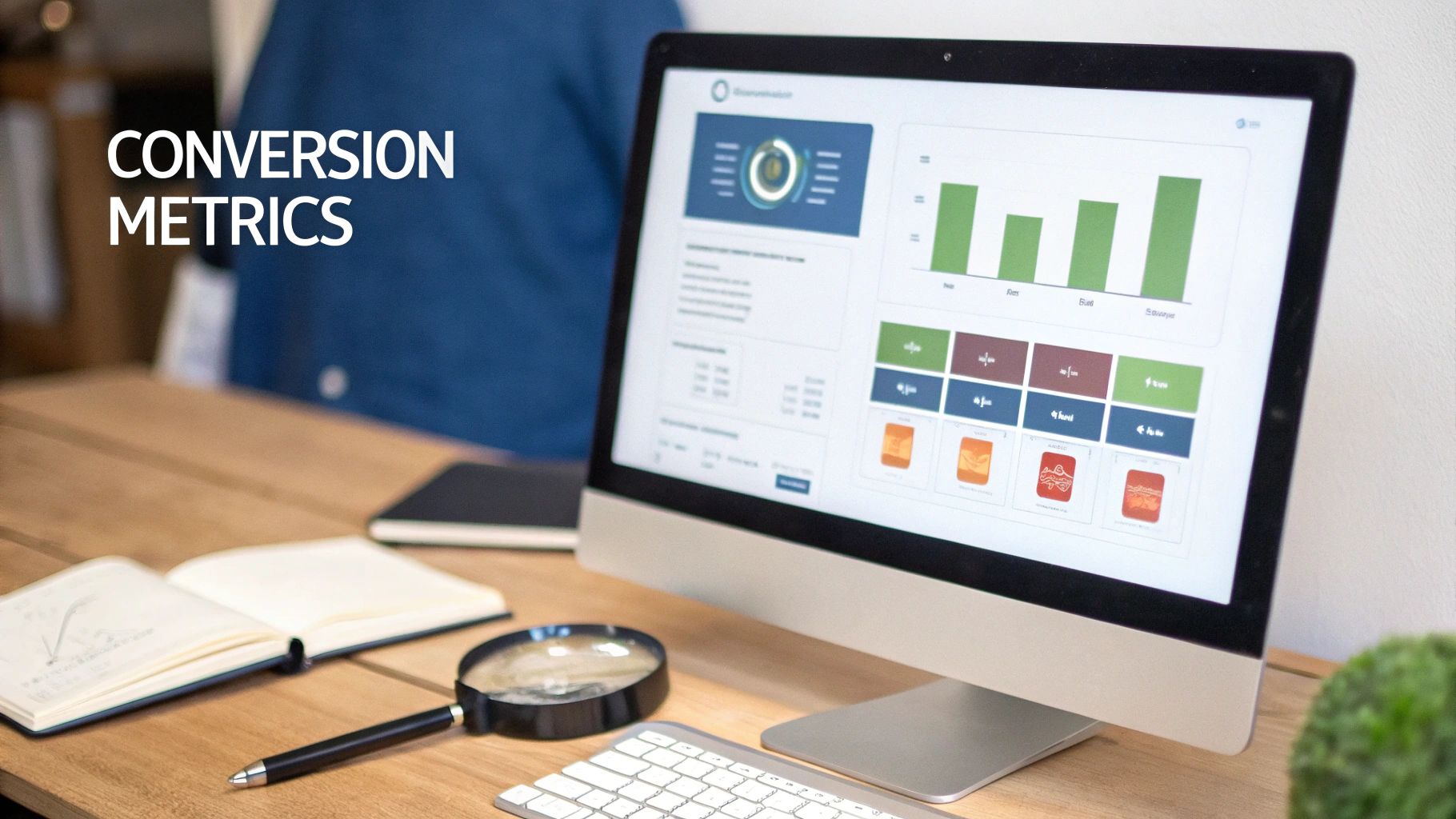 A desk with a computer displaying conversion metrics, charts, an open notebook, and a magnifying glass.