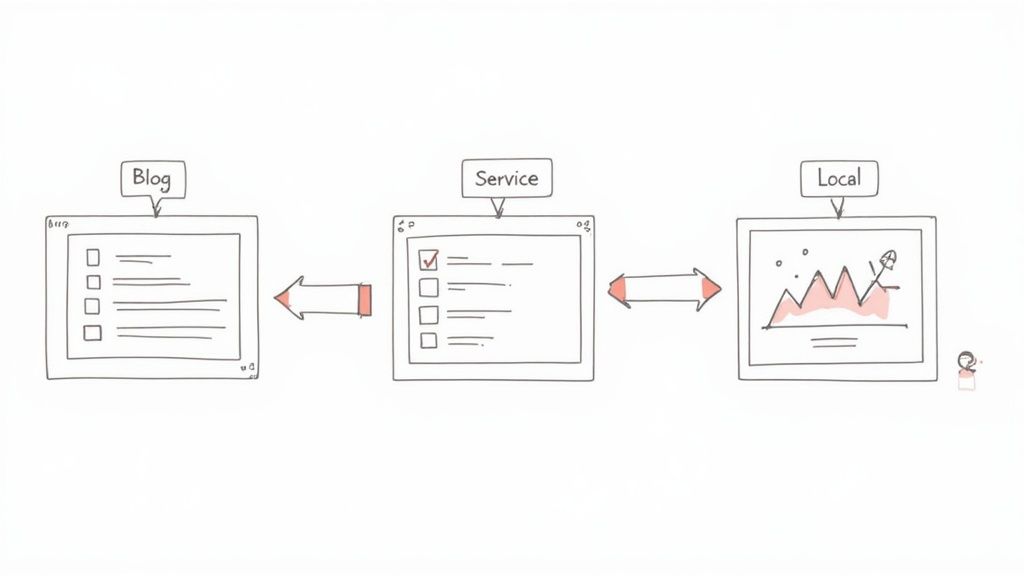 A magnifying glass hovering over a computer screen showing data charts and keyword lists.