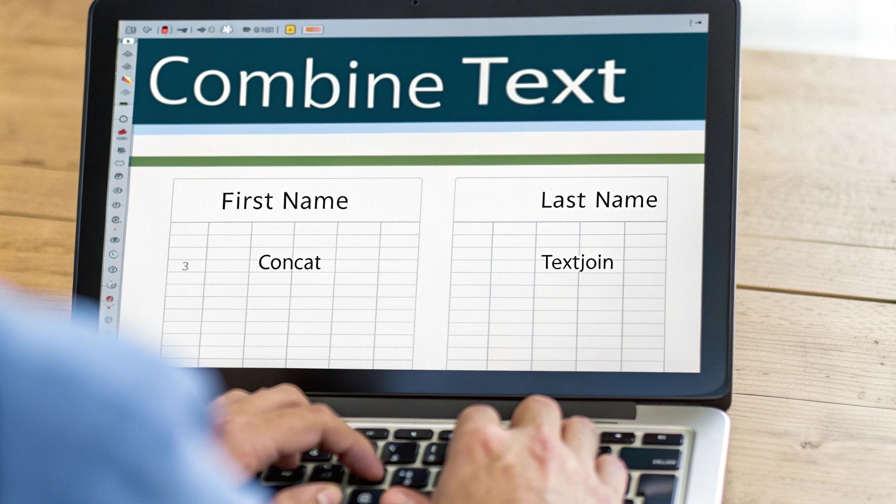 A person types on a laptop displaying a spreadsheet program with 'Combine Text' title, showing 'Concat' and 'Textjoin' functions.