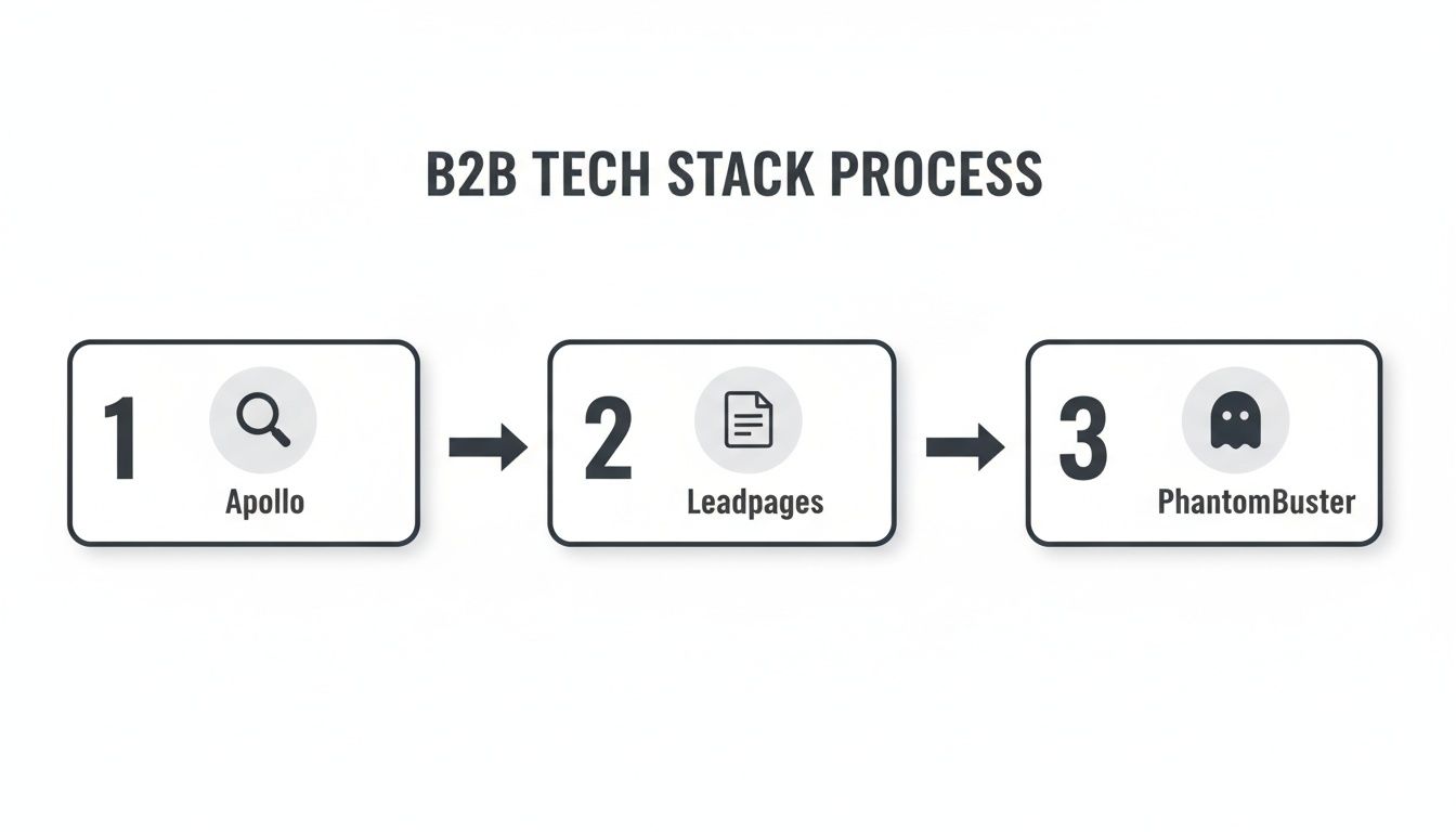 A B2B tech stack process diagram showing three steps: Apollo, Leadpages, and PhantomBuster.