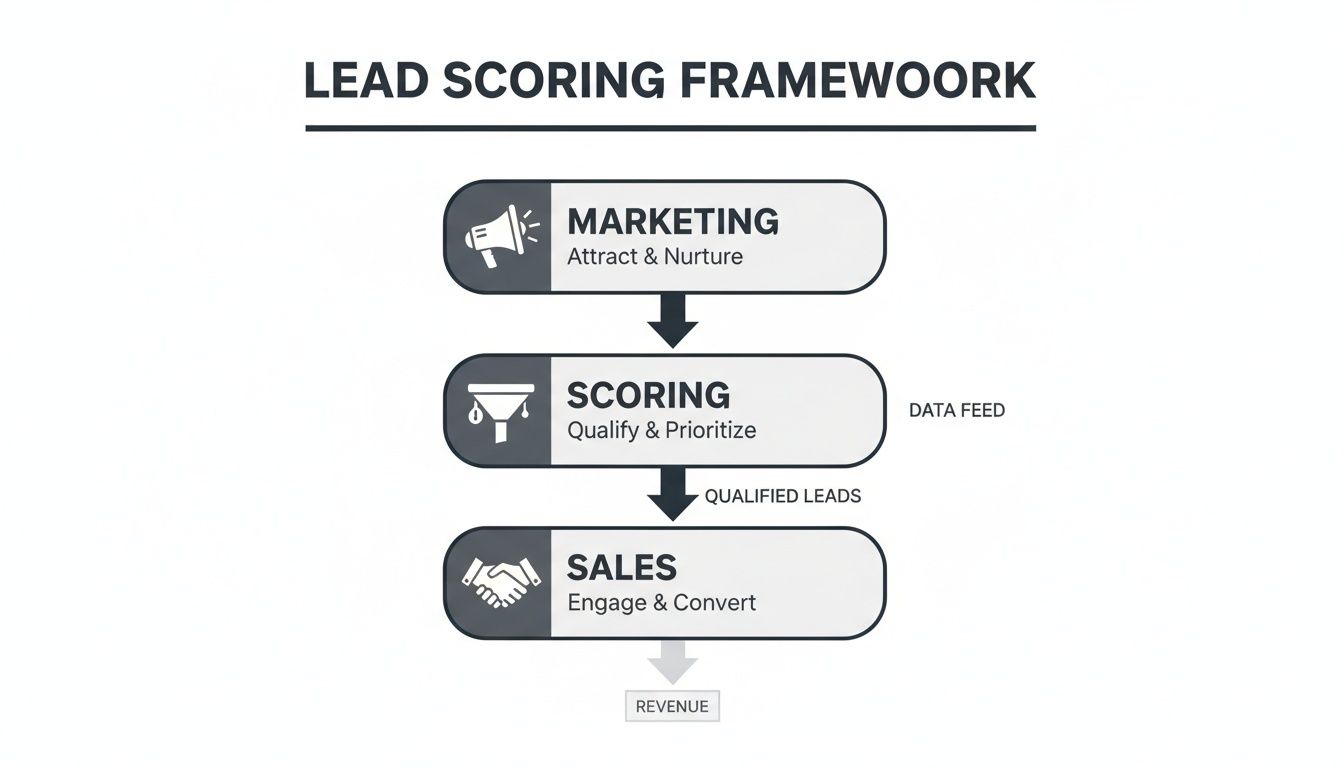 A detailed lead scoring framework flowchart illustrating the journey from marketing to revenue.