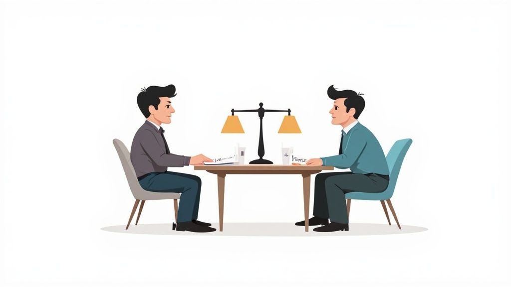 Two men sit at a table with a balance scale, representing a fair business negotiation.