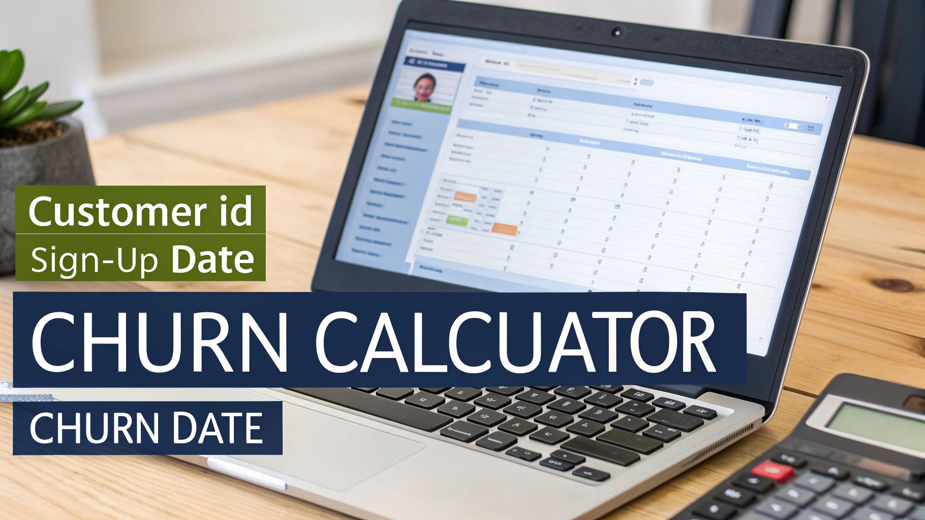 Laptop screen shows a customer churn calculator interface with data fields, next to a physical calculator.