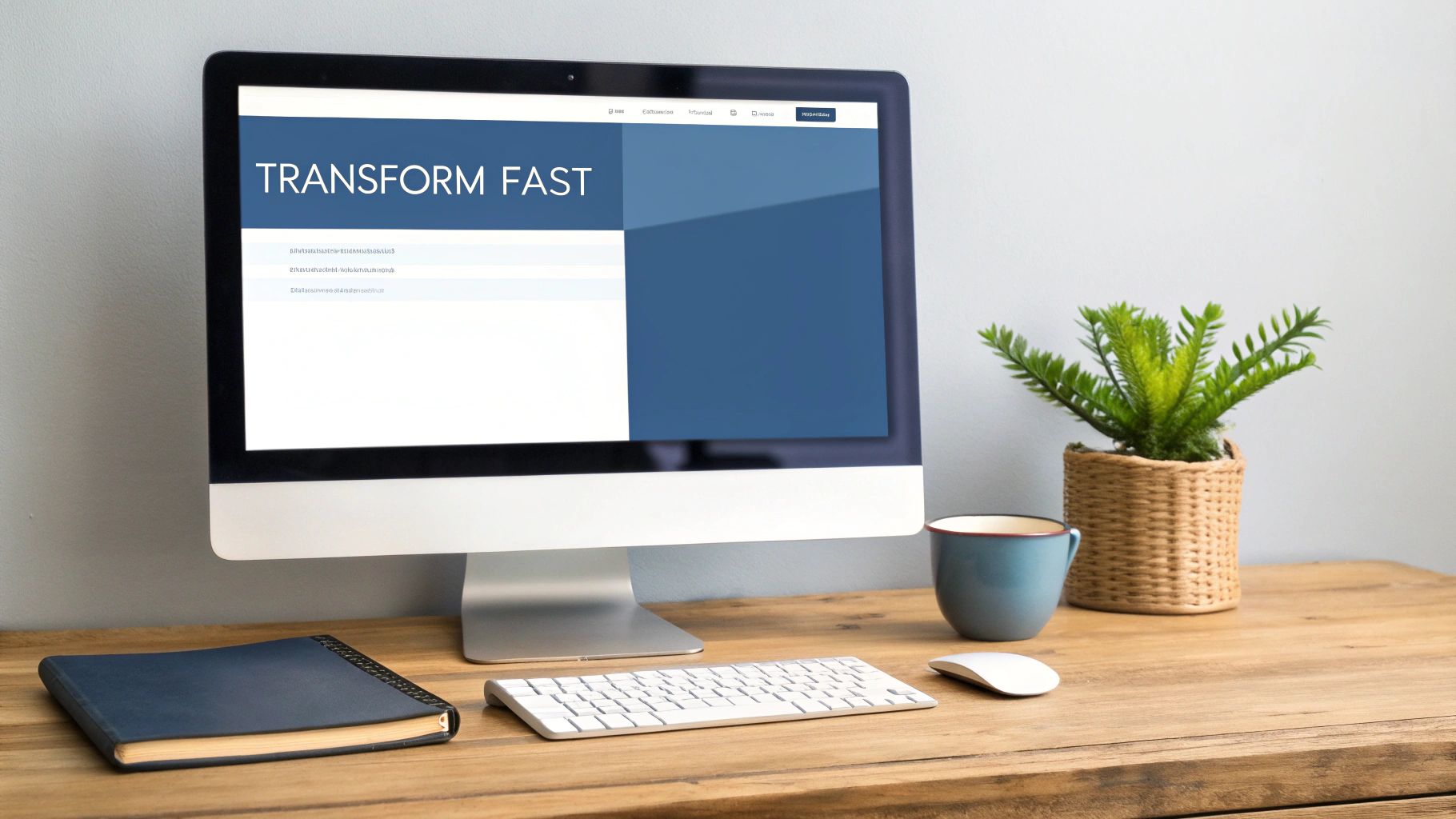 Modern desktop computer displaying 'TRANSFORM FAST' on a screen, with a keyboard, mouse, and plant on a wooden desk.
