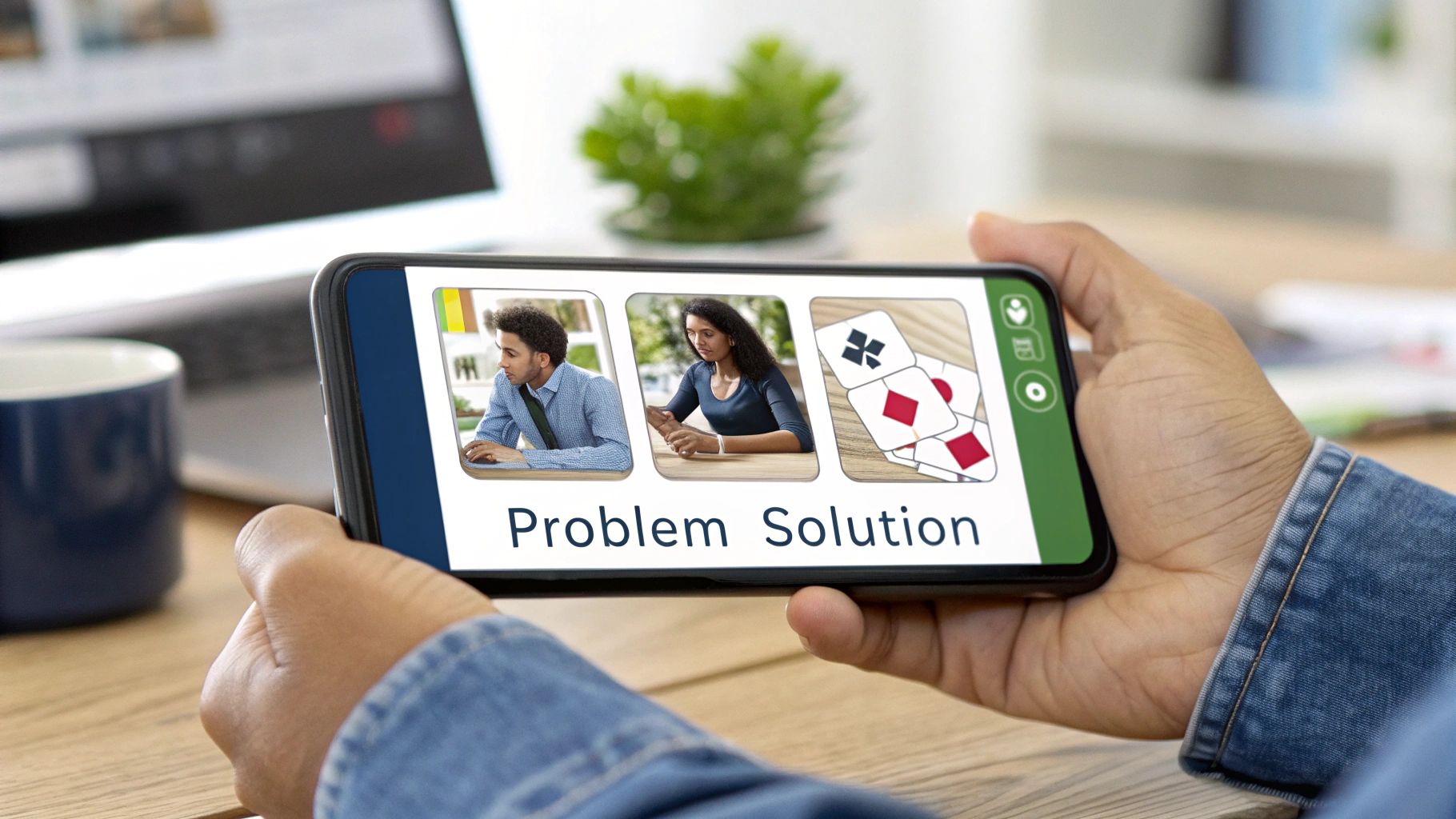 A person holds a smartphone showing 'Problem Solution' with photos of diverse people and cards.