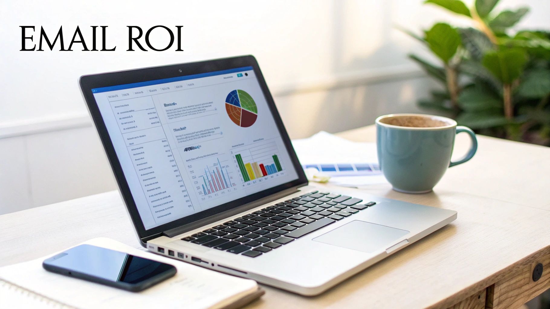 Laptop displaying email ROI metrics and graphs, a smartphone, and a coffee cup on a light wooden desk.