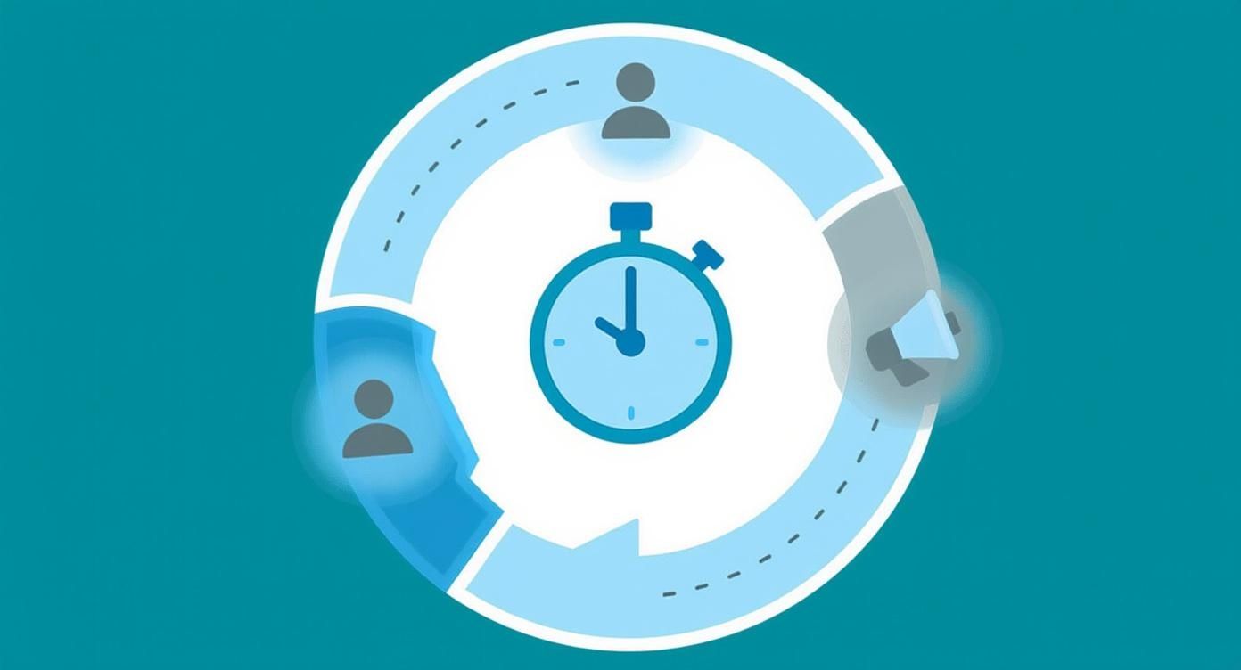 A circular diagram with a stopwatch, two person icons, and a megaphone, depicting a marketing process.