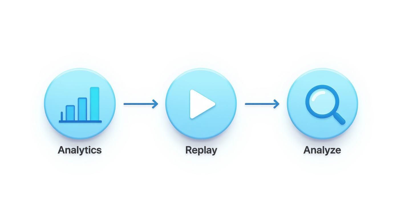 A light blue graphic flow: Analytics (bar chart), Replay (play button), and Analyze (magnifying glass) icons.