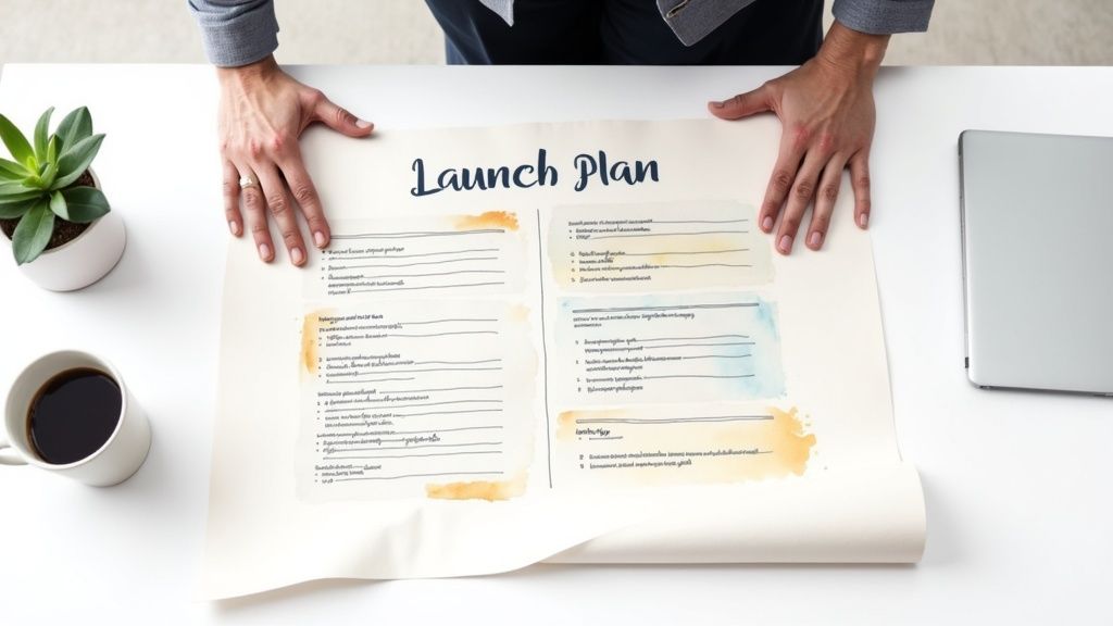 A person holding a 'Launch Plan' document on a white desk with a plant, coffee, and laptop.