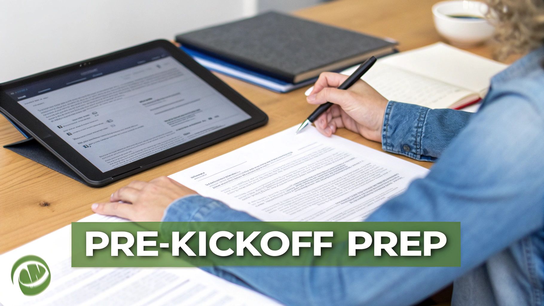 A person writing on documents with a pen, next to a tablet, for pre-kickoff preparation.