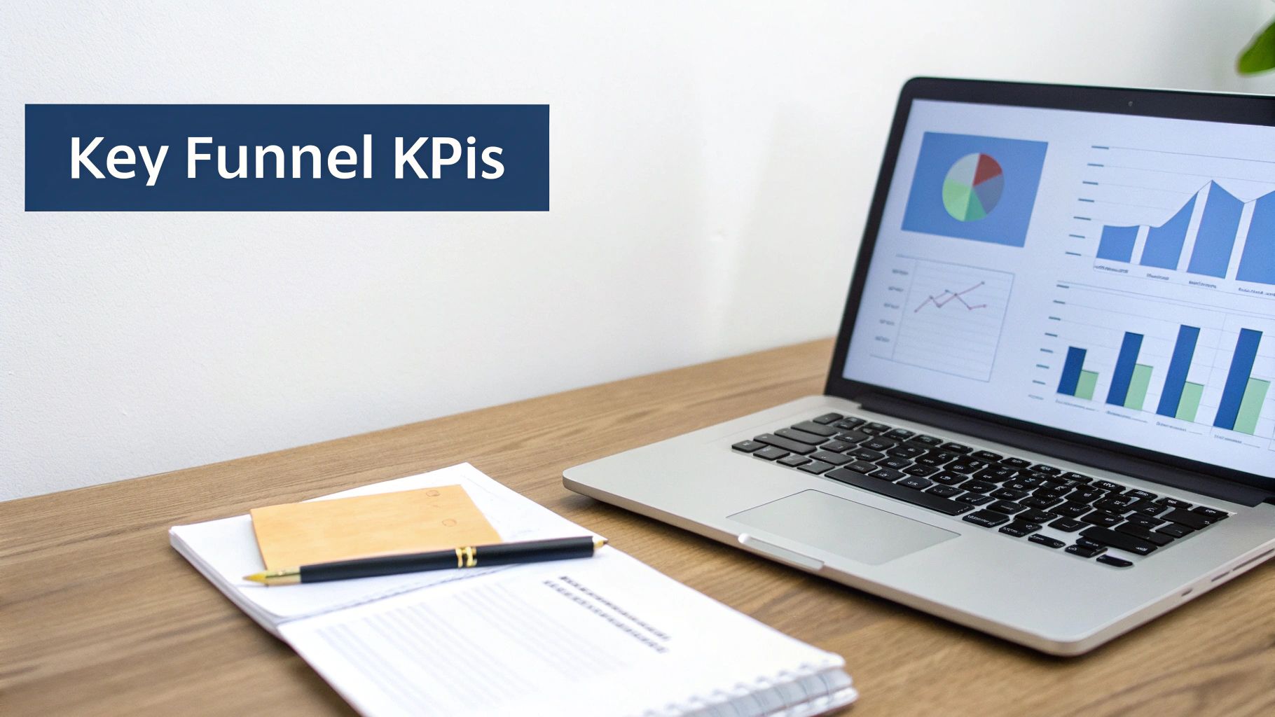 A laptop screen displays sales funnel KPIs and charts, with a notebook and pen on a desk.