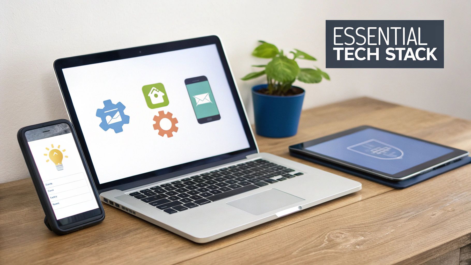 A modern workspace featuring a laptop, smartphone, tablet, and a small plant, highlighting an essential tech stack.