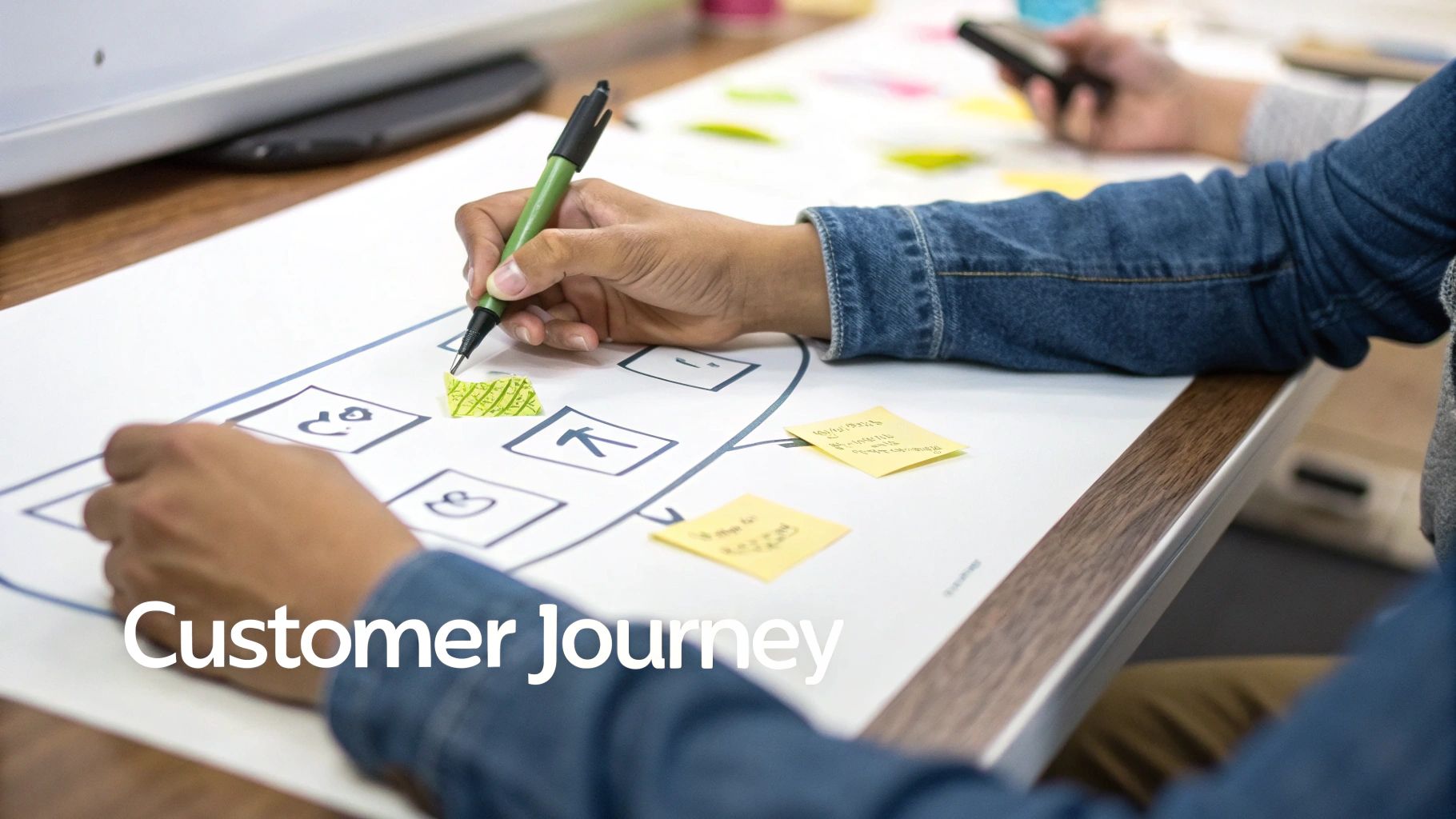 Close-up of hands drawing a customer journey map on a large paper with sticky notes.