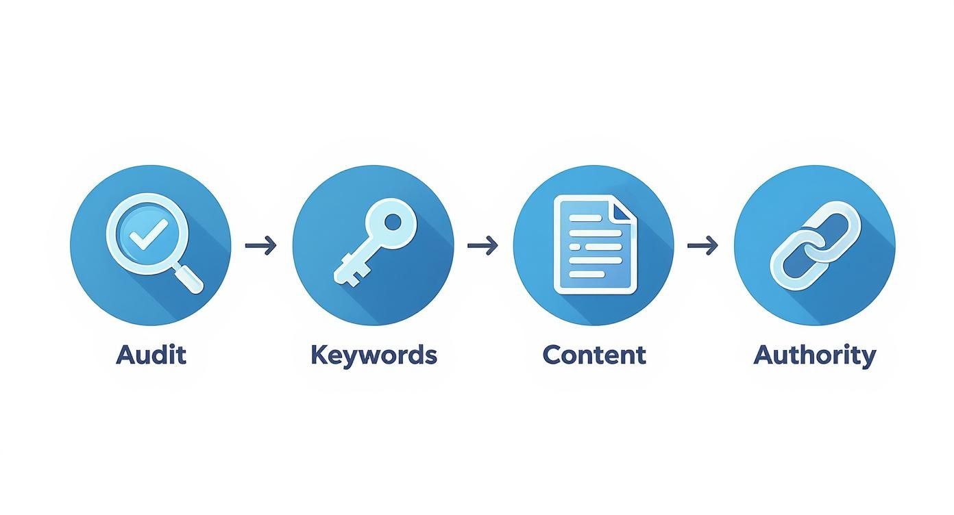 Visual representation of the four key steps in the SEO optimization process: Audit, Keywords, Content, and Authority.