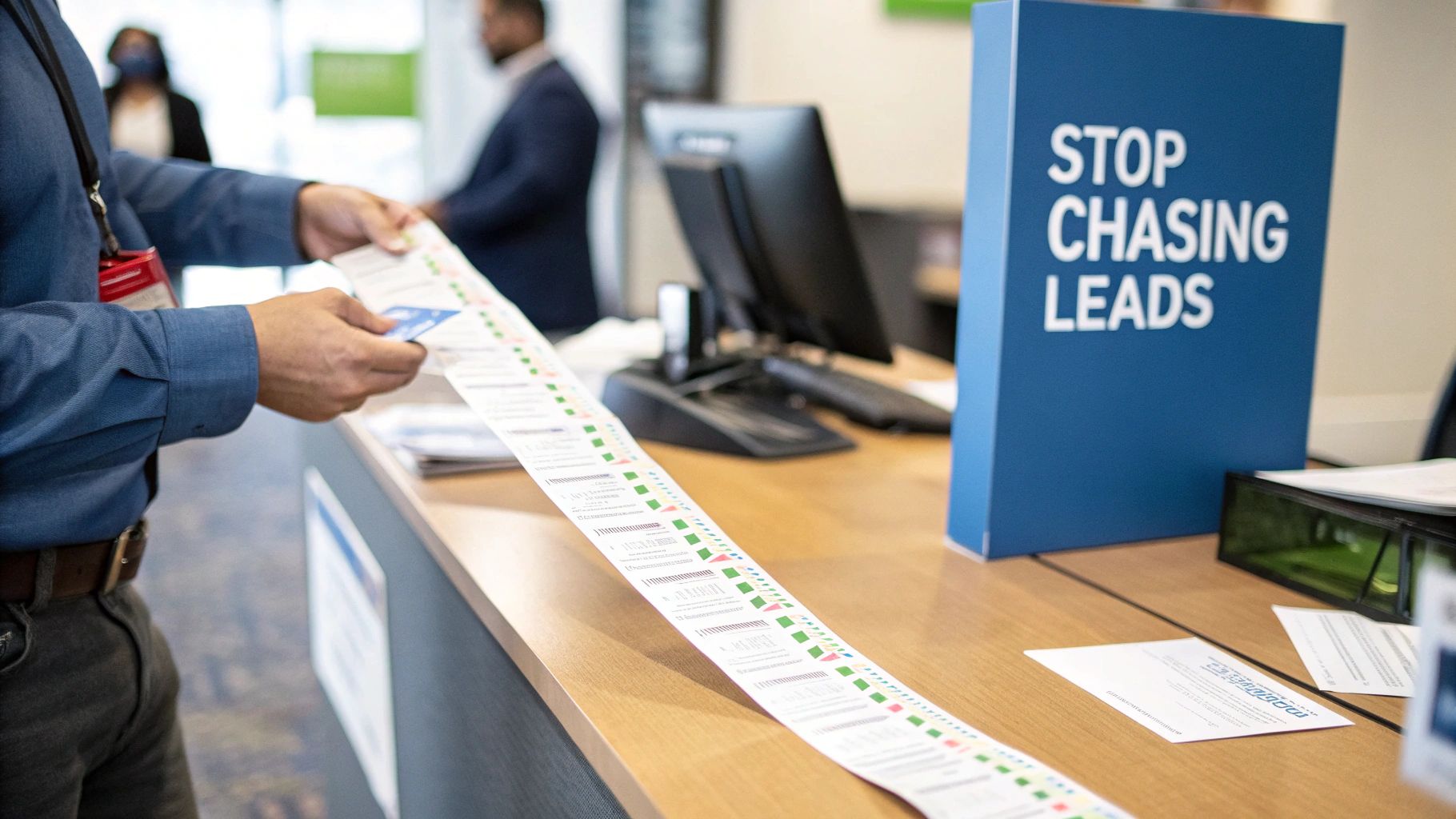 A person holds a long strip of paper and a blue card at a counter next to a sign saying 'STOP CHASING LEADS'.