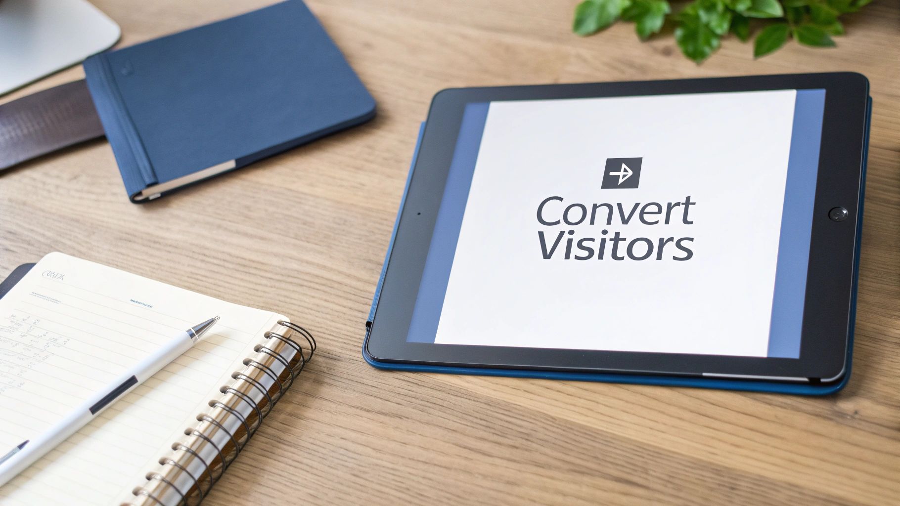 Overhead shot of a clean wooden desk with a tablet showing 'Convert Visitors', notebooks, and a pen.