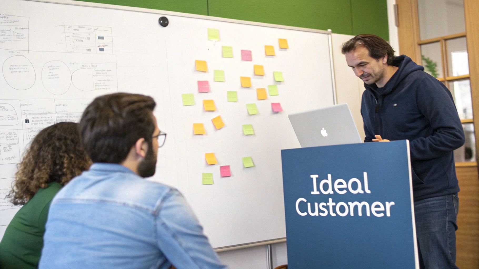 A man presents to two colleagues about defining an ideal customer using a whiteboard with sticky notes.
