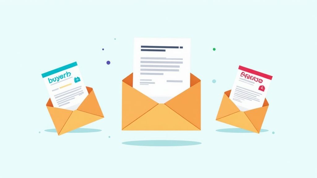 Three open envelopes with letters showing email marketing campaigns and brand communications illustration