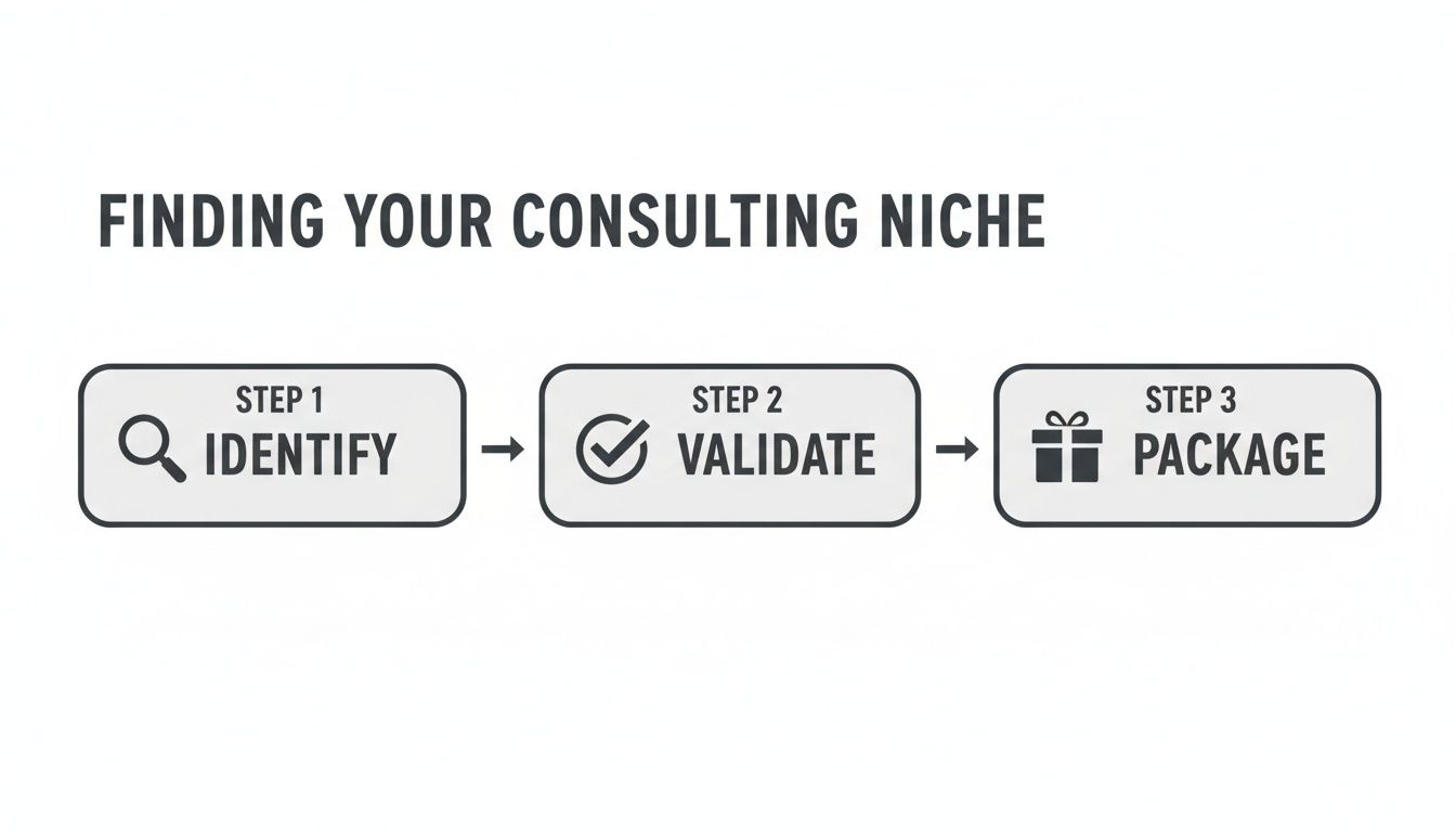 A three-step process diagram illustrating how to find your consulting niche: Identify, Validate, Package.