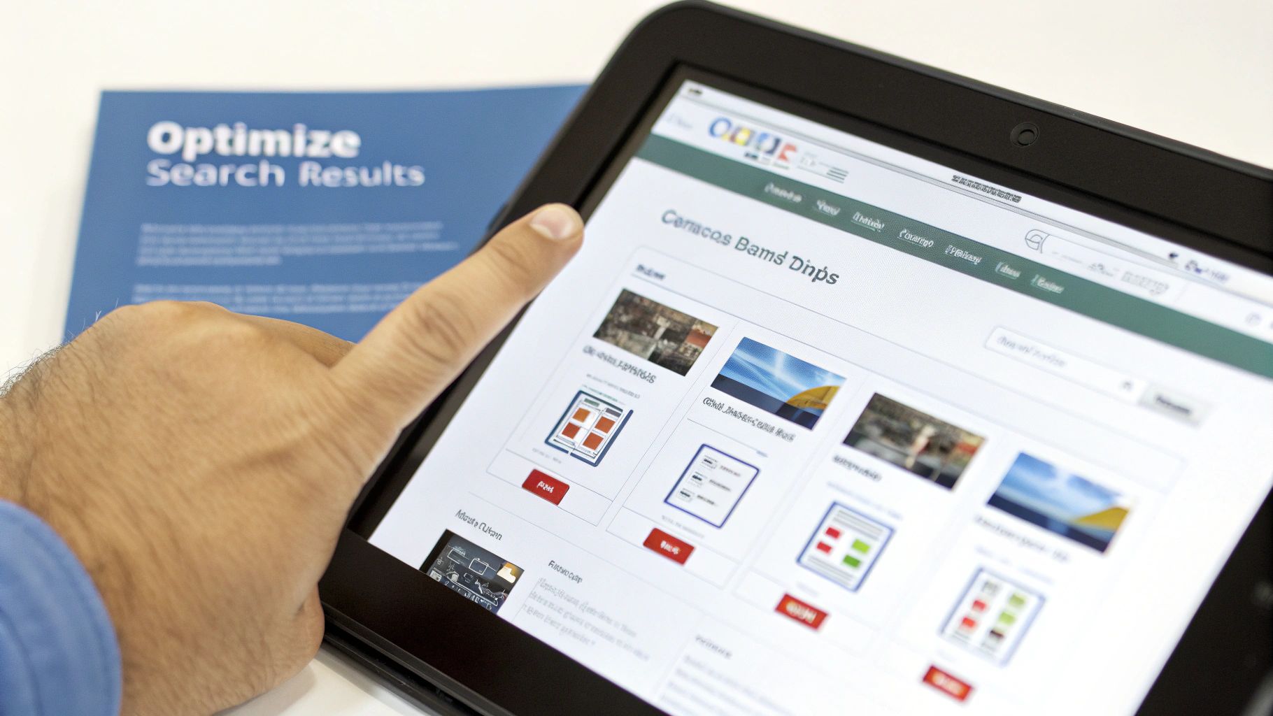A person's hand interacts with a tablet showing search results and a brochure about optimizing search results.