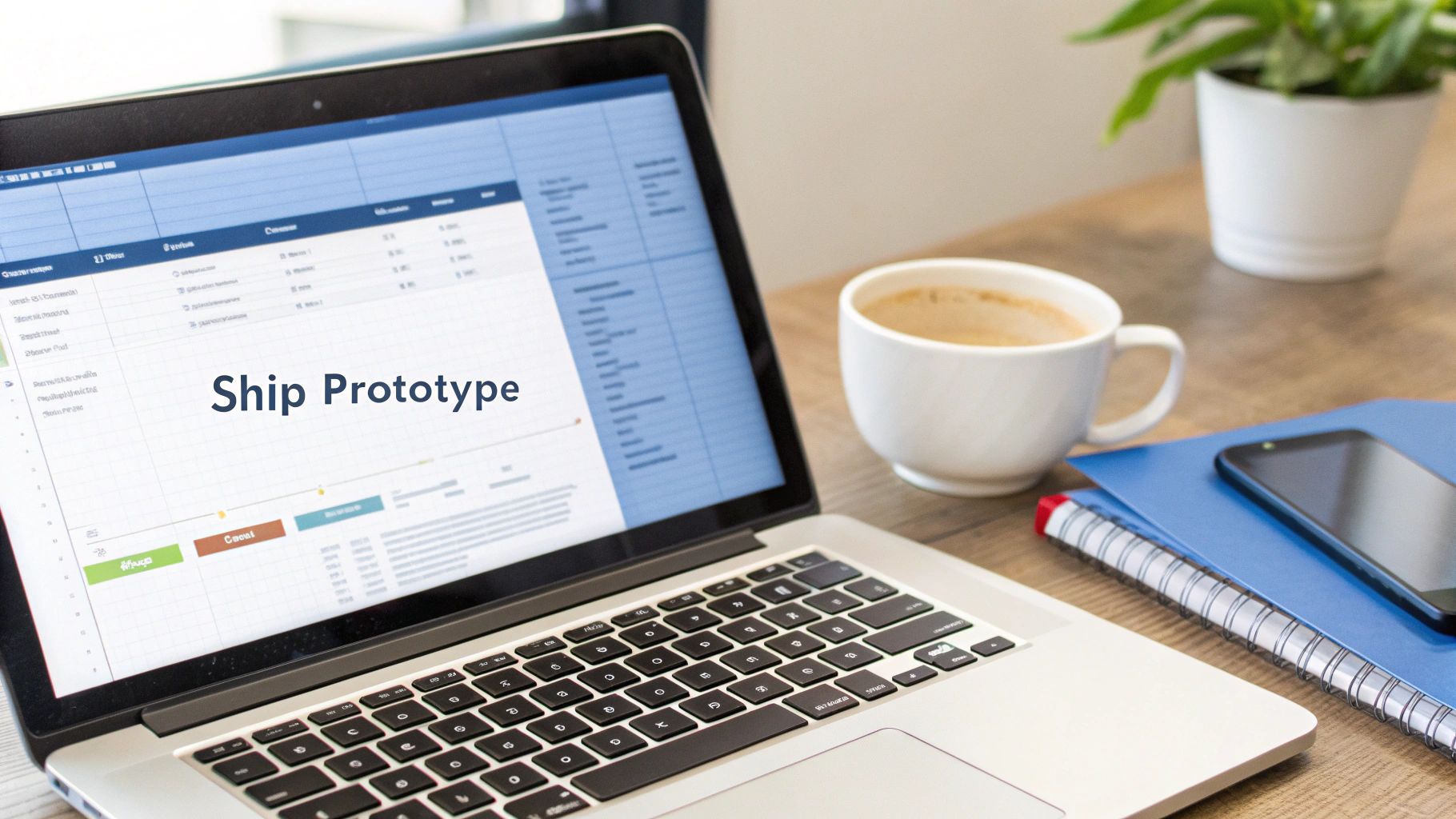 A laptop showing 'Ship Prototype' on screen, with a coffee cup, smartphone, and notebooks on a wooden desk.