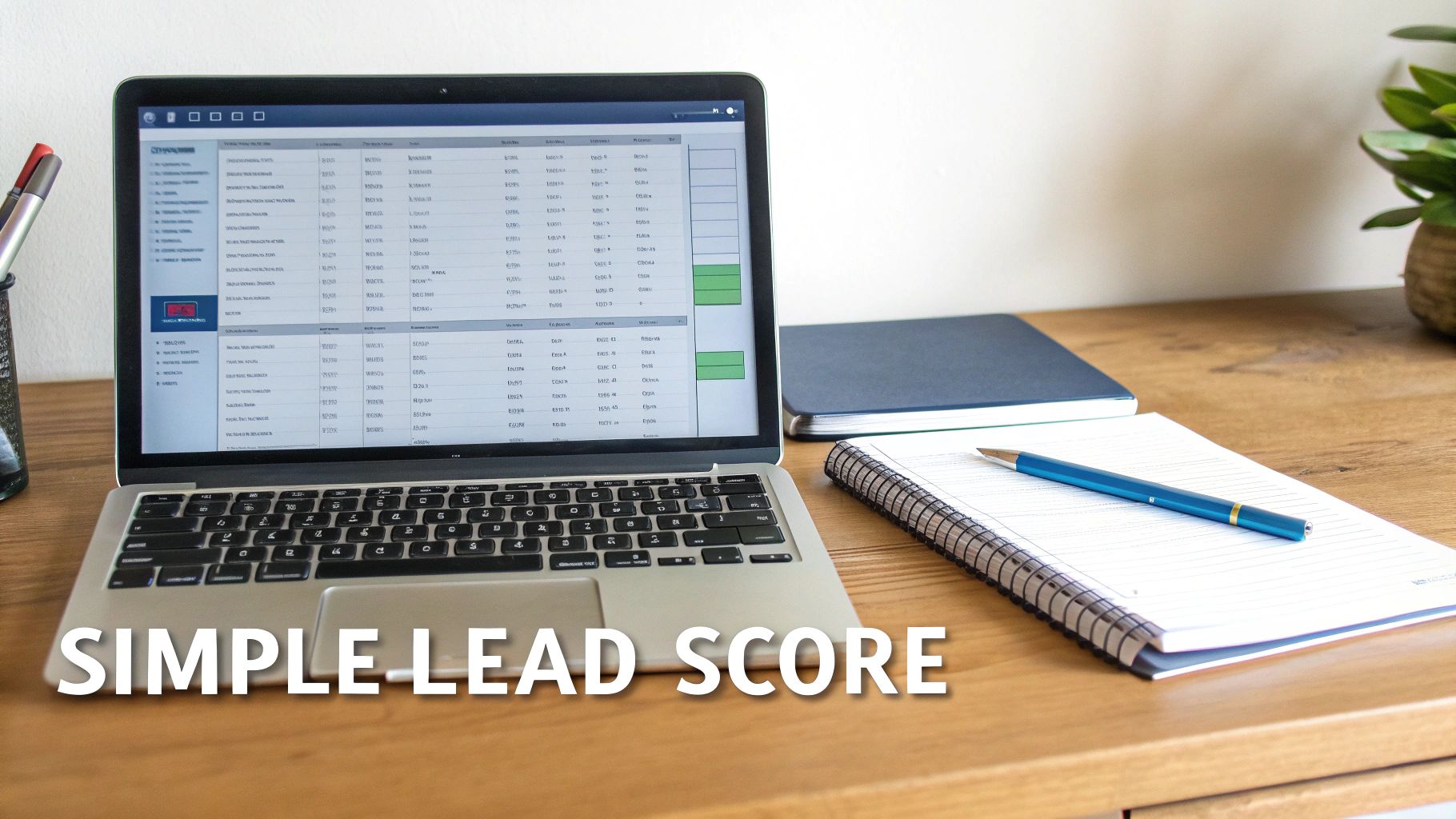 A laptop screen displays a sales lead scoring spreadsheet on a wooden desk with a notebook and pen.