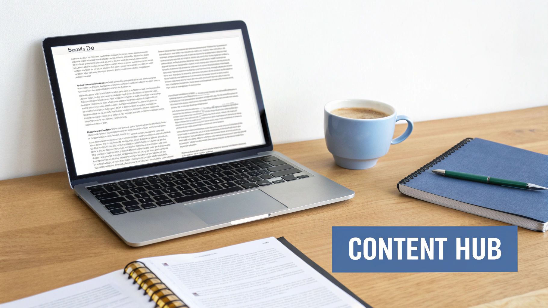 A laptop open on a wooden desk with a coffee cup, notebook, and pen, showing a work-from-home setup.