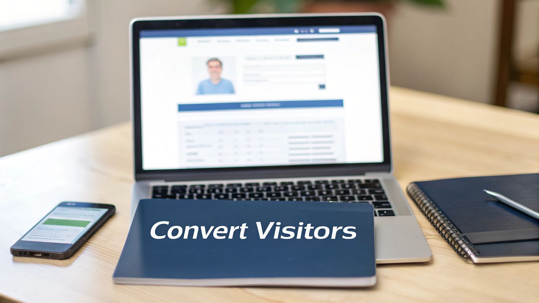 A laptop, smartphone, and a notebook titled 'Convert Visitors' on a wooden desk.