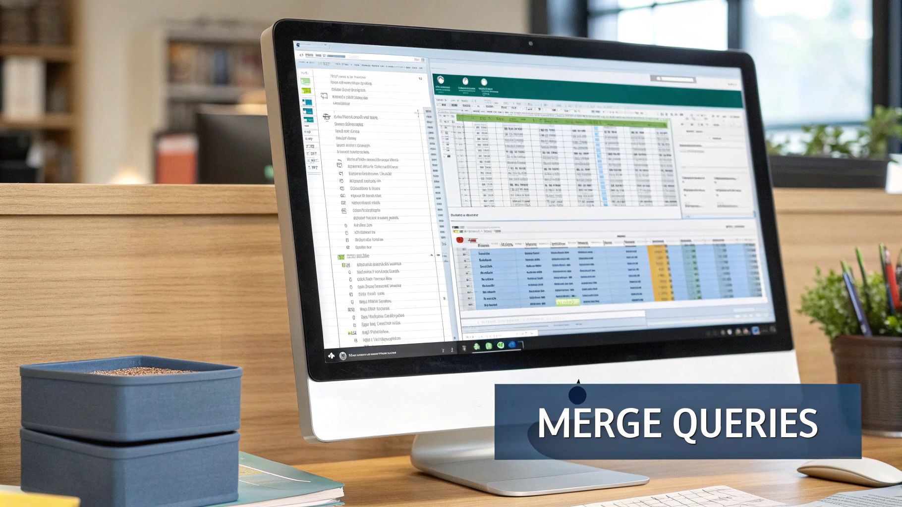 A computer screen displays data tables and 'Merge Queries' text, showing data management software.