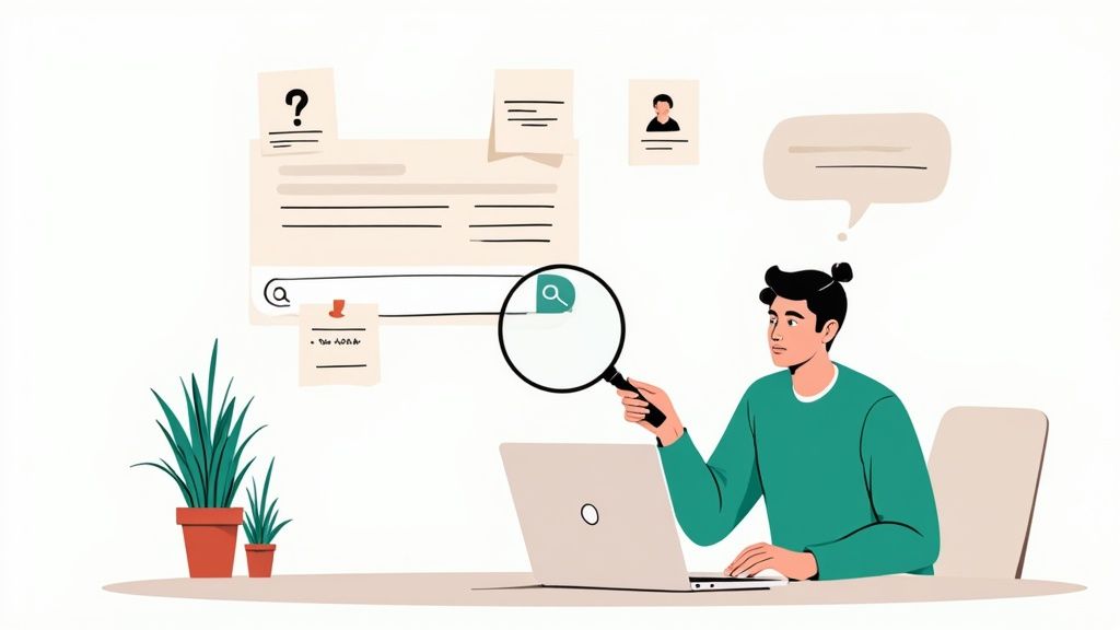 A person uses a laptop and a magnifying glass to search online, surrounded by digital interface elements.