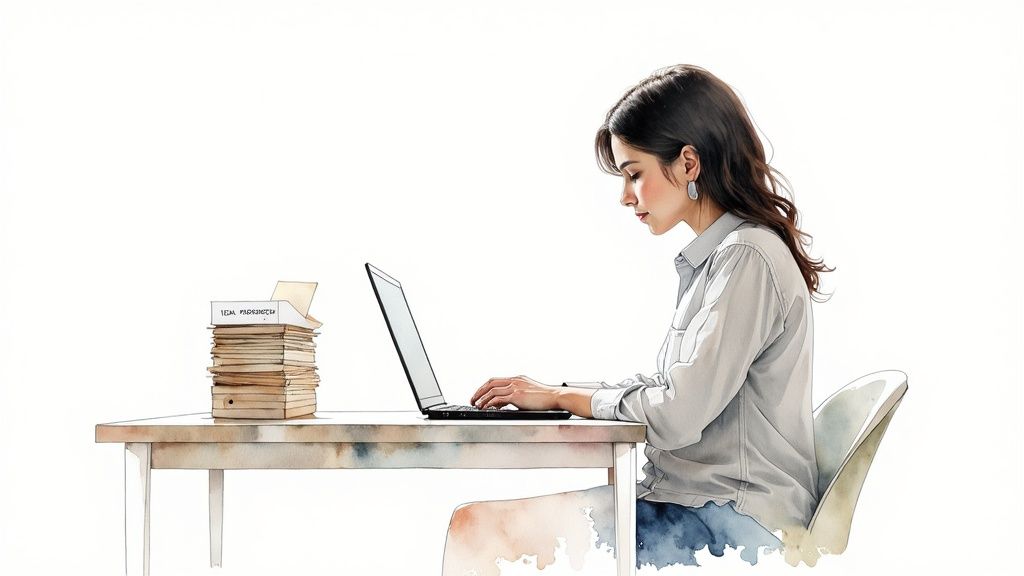 Watercolor illustration of a woman working on a laptop at a desk with a stack of papers.