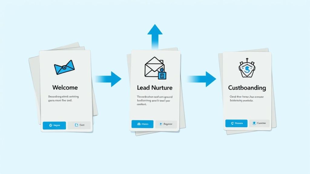 Three-stage customer onboarding workflow showing welcome, lead nurture, and customization phases with blue arrows
