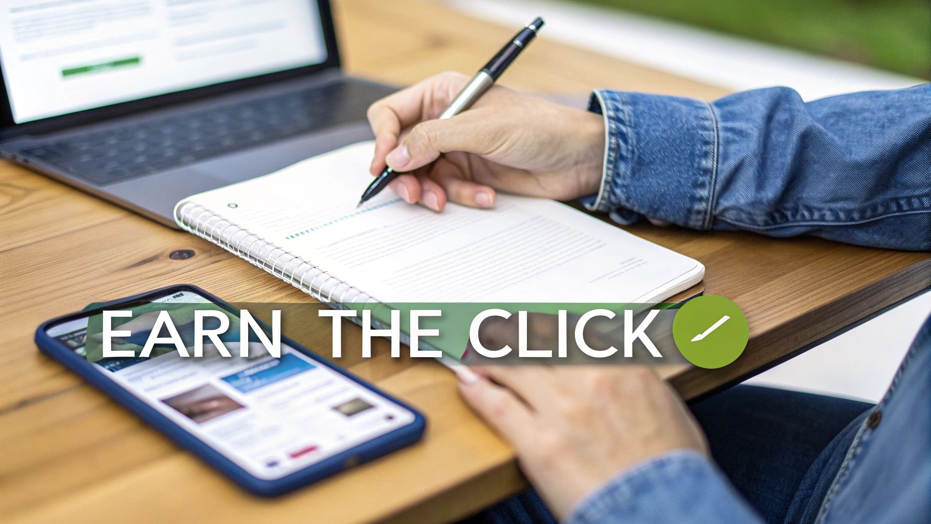 A person writes in a notebook at a wooden desk with a laptop and smartphone.