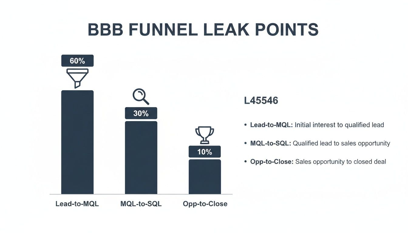 Bar chart showing BBB sales funnel leak points with conversion rates for lead-to-MQL, MQL-to-SQL, and opp-to-close stages.