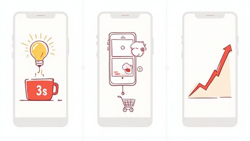 Three phone screens illustrate short video ideas, mobile shopping, and revenue growth.