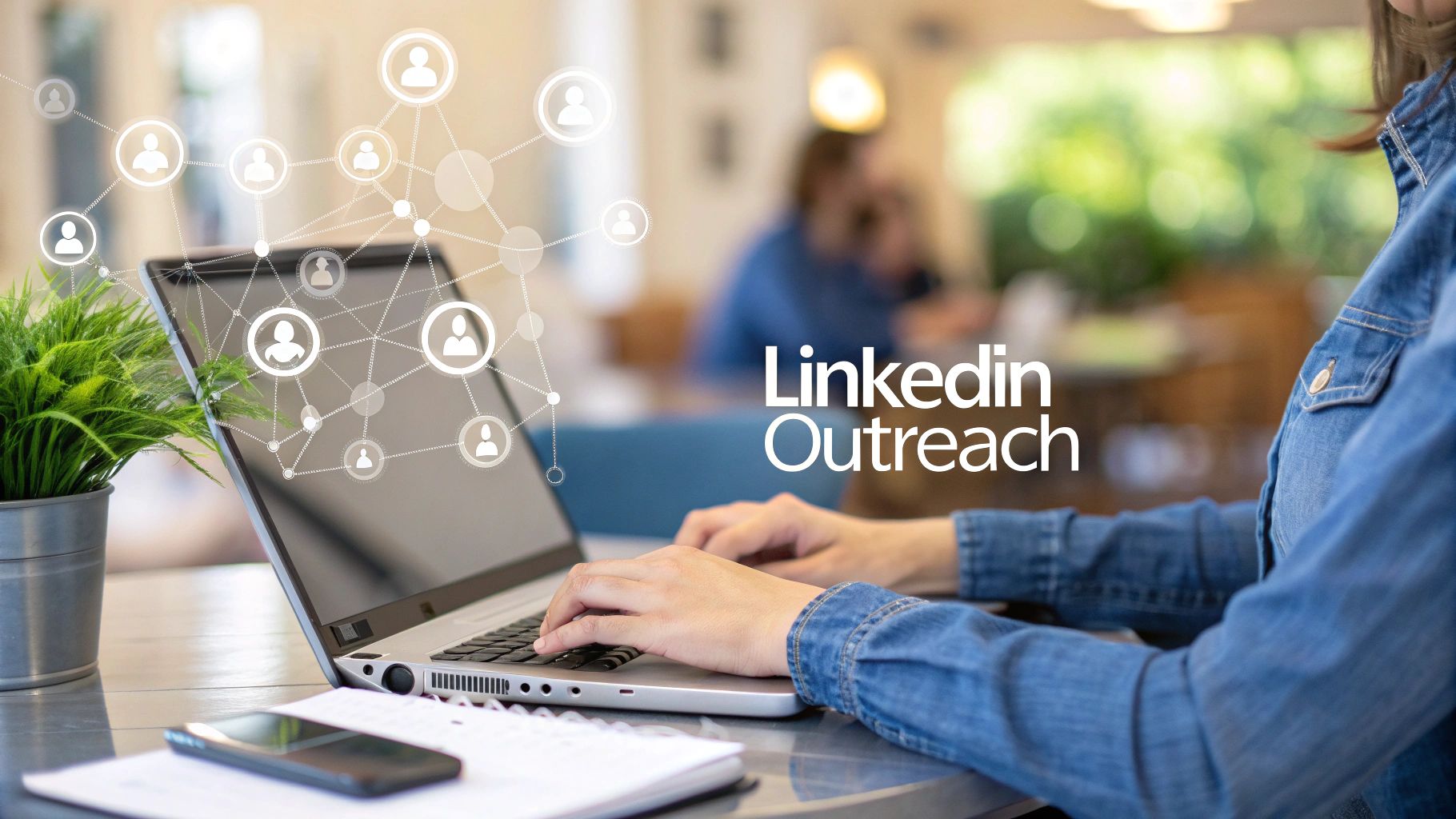 Hands typing on a laptop with a digital network overlay, illustrating LinkedIn outreach and lead generation.