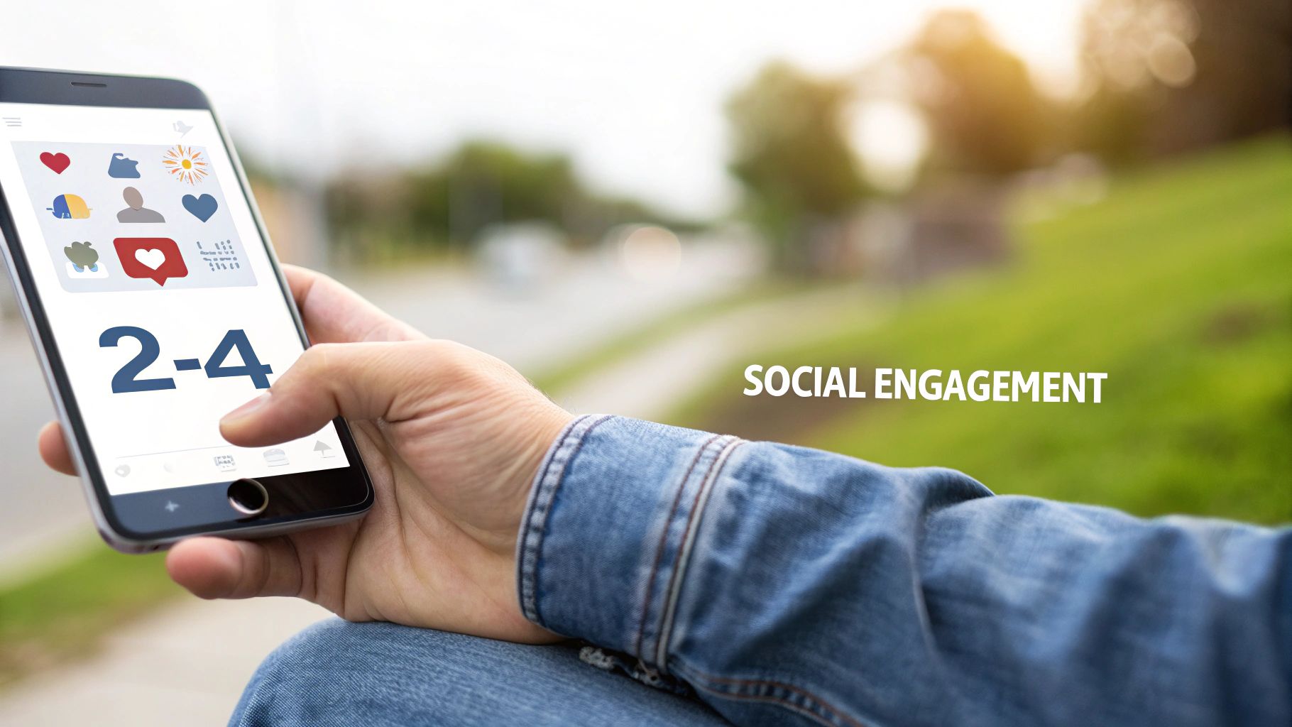A person holds a smartphone displaying social media icons and the text '2-4' with 'SOCIAL ENGAGEMENT' overlay.