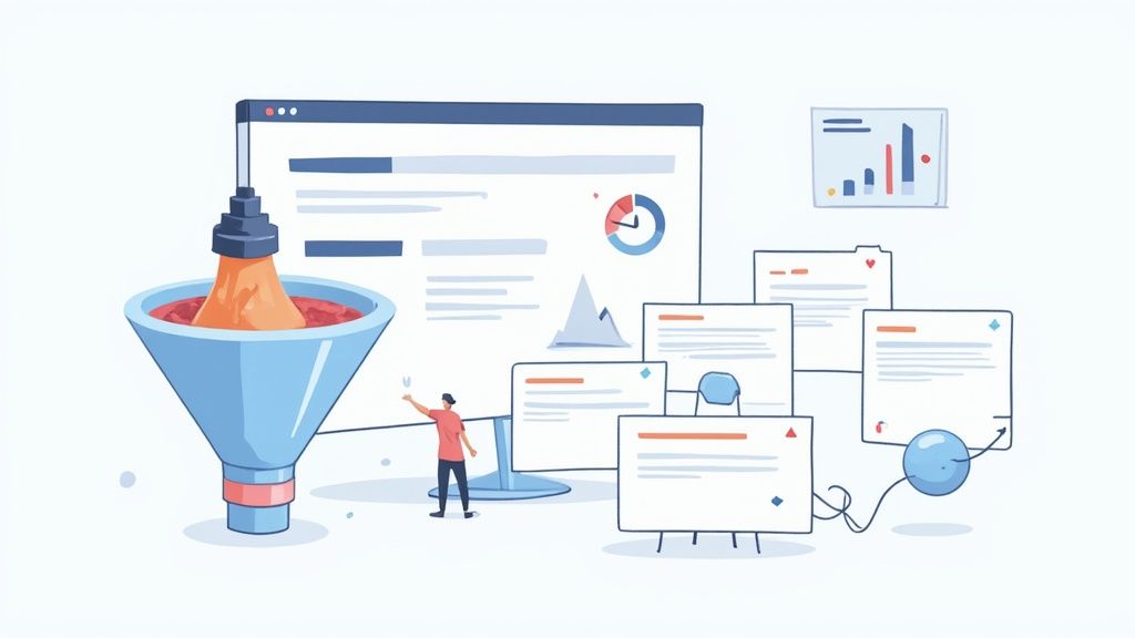 An illustration of a marketing funnel attracting ideal customer profiles.