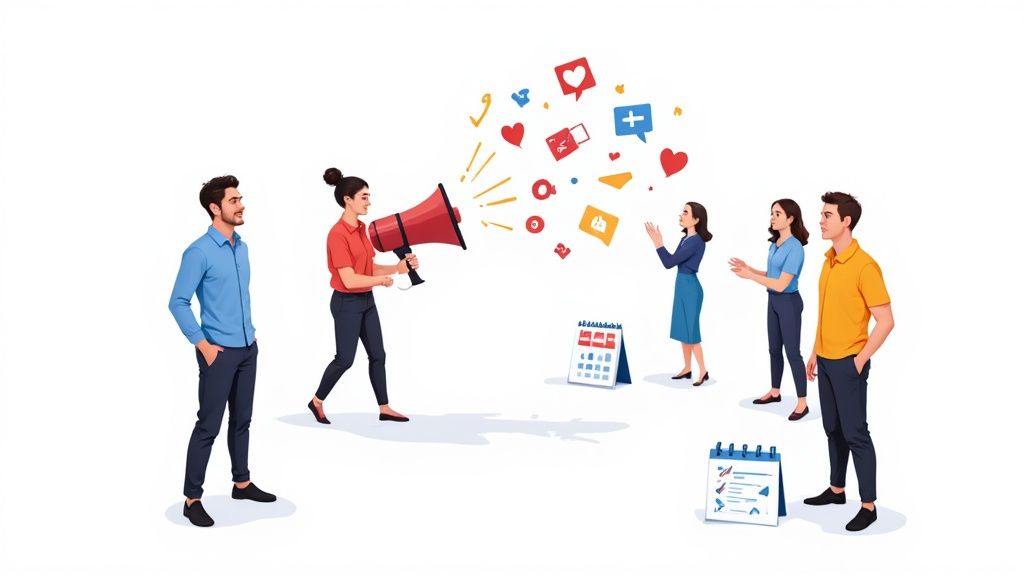 A group of colleagues collaborating on a content calendar.