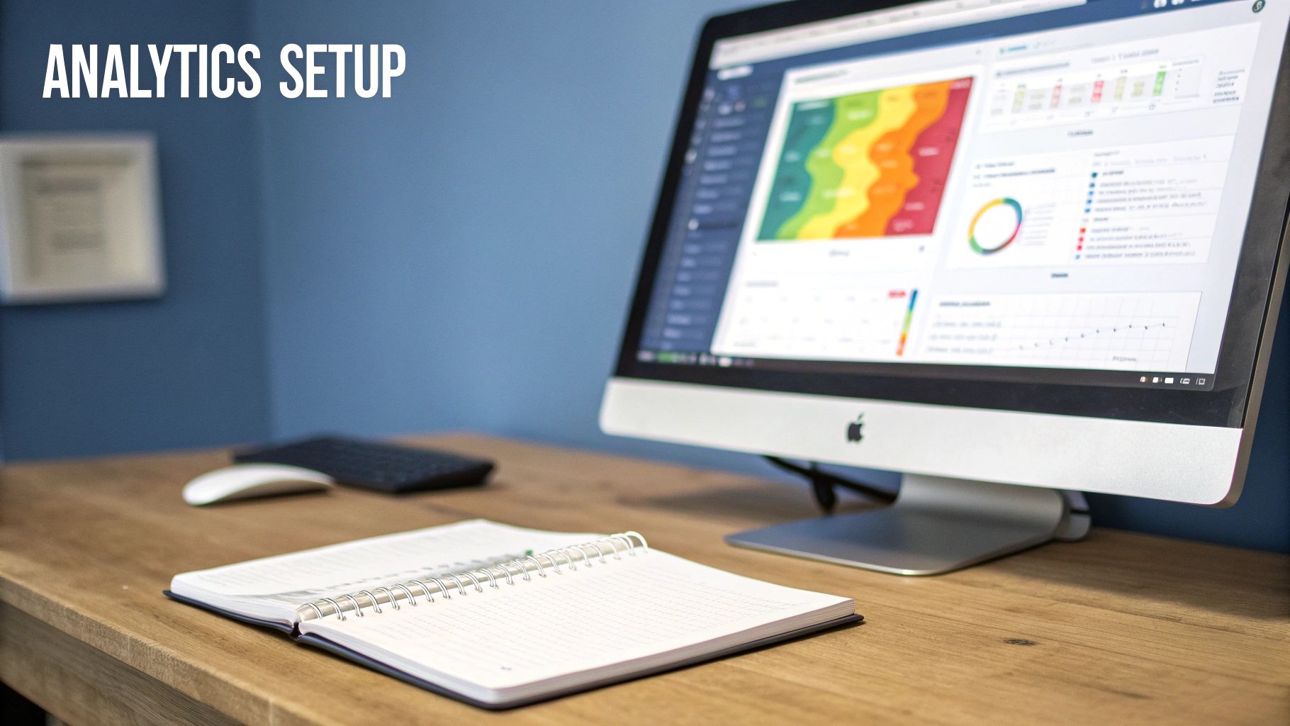 A desk with an Apple iMac displaying analytics charts and data, a notebook, mouse, and keyboard, illustrating an analytics setup.